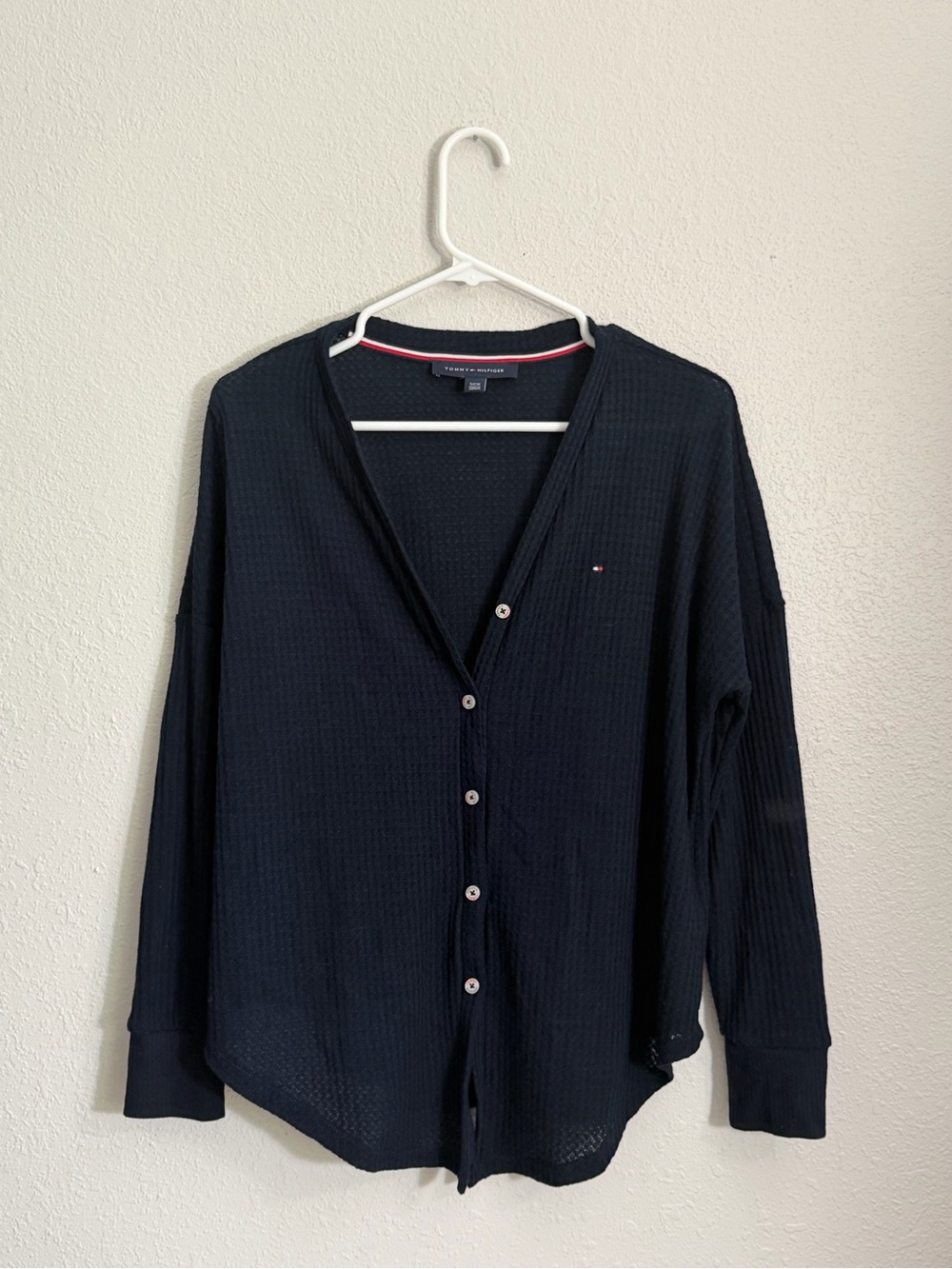 Tommy Hilfiger Navy Button-Front Waffle Knit Top